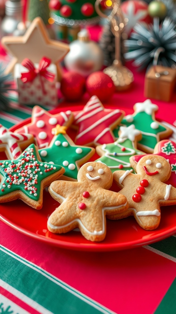 A plate of decorated Christmas cookies in various shapes, with colorful icing and sprinkles, on a festive table.